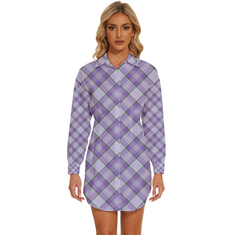 Purple Plaid Tartan 2 Diagonal Womens Long Sleeve Shirt Dress by dressshop