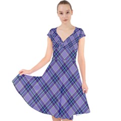 Purple Plaid Tartan 1 Diagonal Cap Sleeve Front Wrap Midi Dress by dressshop