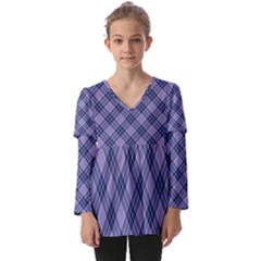 Purple Plaid Tartan 1 Diagonal Kids  V Neck Casual Top by dressshop