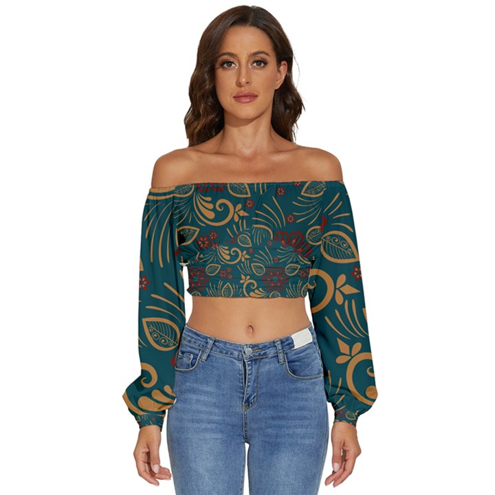 Flowers Floral Retro Flower Texture Long Sleeve Crinkled Weave Crop Top