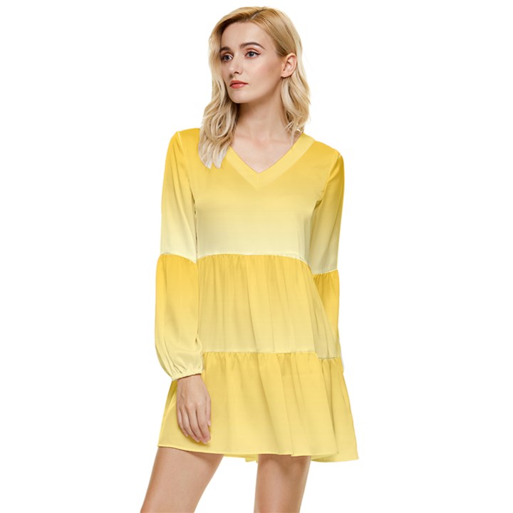 Amber Orange To Cream Yellow Linear Gradient Tiered Long Sleeve Mini Dress