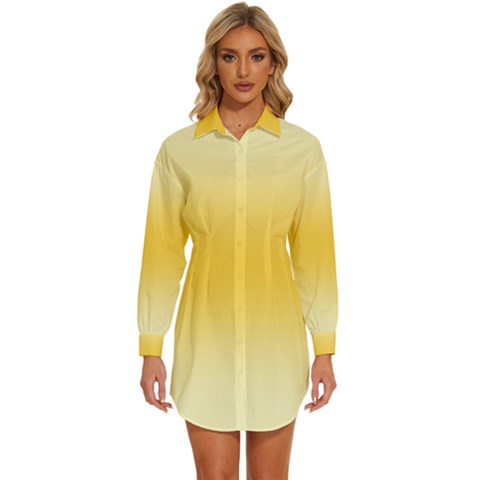 Cream Yellow To Amber Orange Bilinear Gradient Womens Long Sleeve Shirt Dress by GradientsOmbre