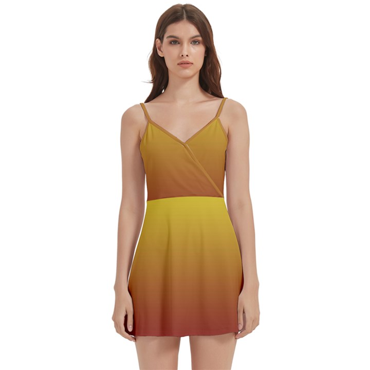 Electric Yellow To Burgundy Red Linear Gradient Body Wrap Sleeveless V-Neck Mini Dress