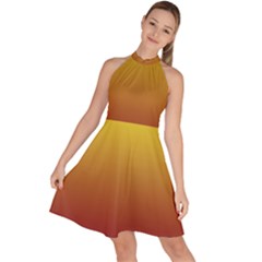 Electric Yellow To Burgundy Red Linear Gradient Sleeveless Halter Neck A-line Dress by GradientsOmbre