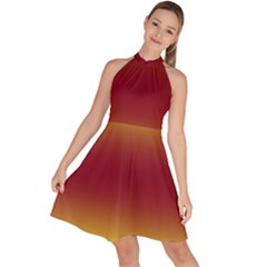 Electric Yellow To Burgundy Red Bilinear Gradient Sleeveless Halter Neck A-line Dress by GradientsOmbre