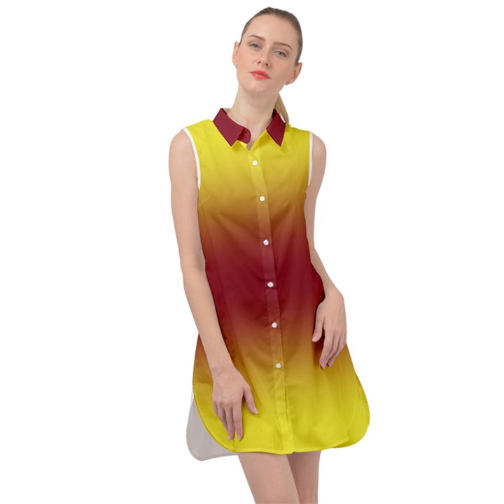 Electric Yellow To Burgundy Red Bilinear Gradient Sleeveless Shirt Dress