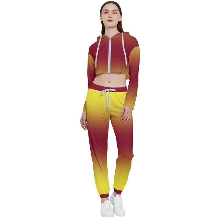 Electric Yellow To Burgundy Red Bilinear Gradient Cropped Zip Up Lounge Set