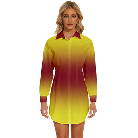 Electric Yellow To Burgundy Red Bilinear Gradient Womens Long Sleeve Shirt Dress by GradientsOmbre