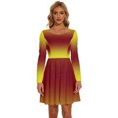 Electric Yellow To Burgundy Red Bilinear Gradient Long Sleeve Wide Neck Velvet Dress by GradientsOmbre