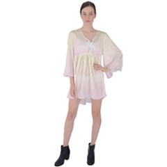 Cream Yellow To Pink Lace Linear Gradient V-neck Flare Sleeve Mini Dress by GradientsOmbre