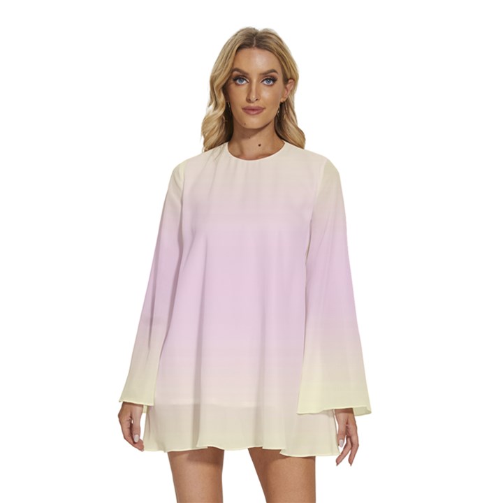 Cream Yellow To Pink Lace Bilinear Gradient Round Neck Long Sleeve Bohemian Style Chiffon Mini Dress