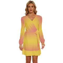 Coral Pink To Electric Yellow Bilinear Gradient Long Sleeve Waist Tie Ruffle Velvet Dress by GradientsOmbre