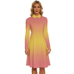 Coral Pink To Electric Yellow Bilinear Gradient Long Sleeve Shirt Collar A-line Dress by GradientsOmbre