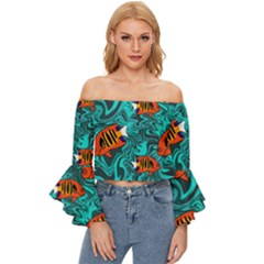 Flame Swirls Off Shoulder Flutter Bell Sleeve Top by SeaworthyClothing