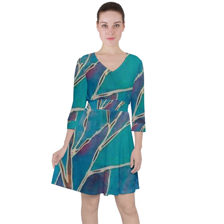 Aqua Batik, Abstract, Colorful Quarter Sleeve Ruffle Waist Dress