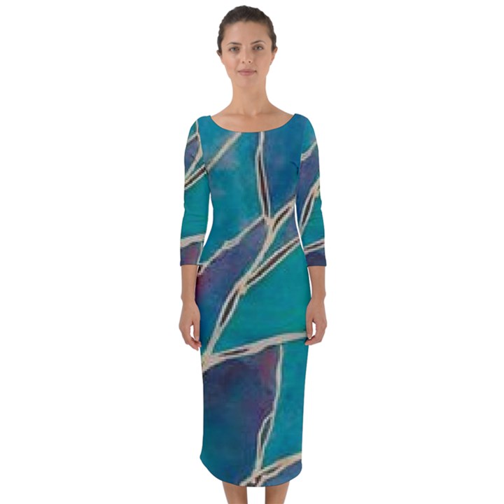 Aqua Batik, Abstract, Colorful Quarter Sleeve Midi Bodycon Dress