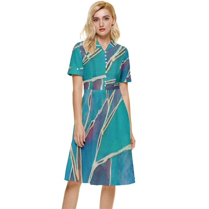 Aqua Batik, Abstract, Colorful Button Top Knee Length Dress