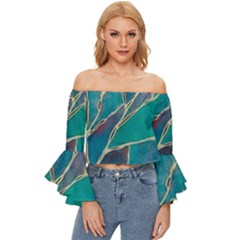 Aqua Batik, Abstract, Colorful Off Shoulder Flutter Bell Sleeve Top by kyorashop23