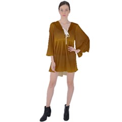 Amber Orange To Chocolate Brown Bilinear Gradient V-neck Flare Sleeve Mini Dress by GradientsOmbre