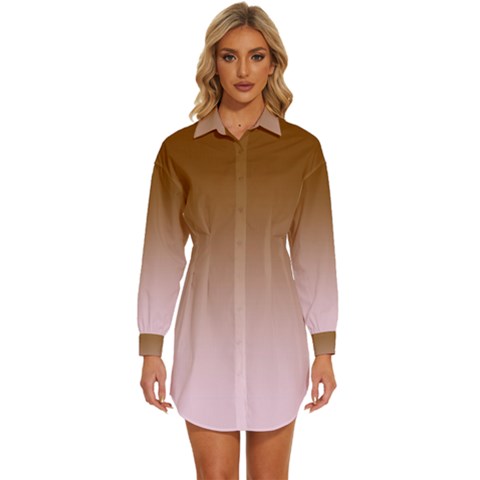 Chocolate Brown To Pink Lace Linear Gradient Womens Long Sleeve Shirt Dress by GradientsOmbre