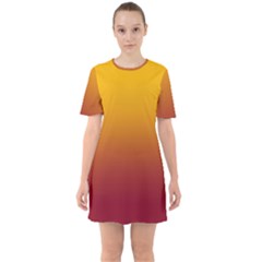 Amber Orange To Burgundy Red Linear Gradient Sixties Short Sleeve Mini Dress by GradientsOmbre