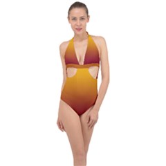 Amber Orange To Burgundy Red Linear Gradient Halter Front Plunge Swimsuit by GradientsOmbre