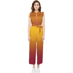 Amber Orange To Burgundy Red Linear Gradient Women s Frill Top Chiffon Jumpsuit by GradientsOmbre