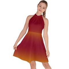 Amber Orange To Burgundy Red Bilinear Gradient Sleeveless Halter Neck A-line Dress by GradientsOmbre