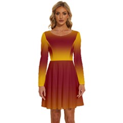 Amber Orange To Burgundy Red Bilinear Gradient Long Sleeve Wide Neck Velvet Dress by GradientsOmbre