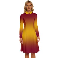 Burgundy Red To Amber Orange Bilinear Gradient Long Sleeve Shirt Collar A-line Dress by GradientsOmbre