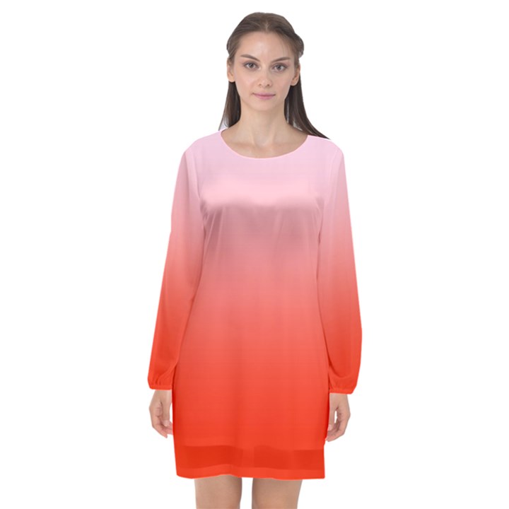 Pink Lace To Scarlet Red Linear Gradient Long Sleeve Chiffon Shift Dress 