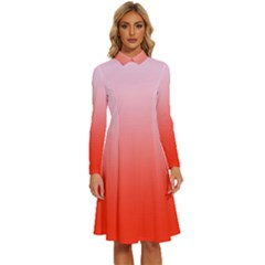 Pink Lace To Scarlet Red Linear Gradient Long Sleeve Shirt Collar A-line Dress by GradientsOmbre