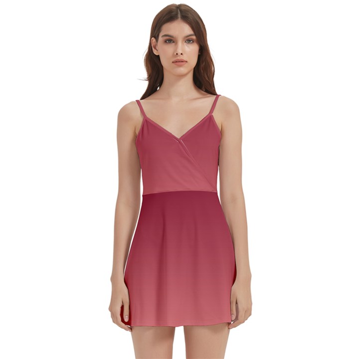 Burgundy Red To Coral Pink Linear Gradient Body Wrap Sleeveless V-Neck Mini Dress