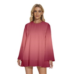 Burgundy Red To Coral Pink Bilinear Gradient Round Neck Long Sleeve Bohemian Style Chiffon Mini Dress by GradientsOmbre