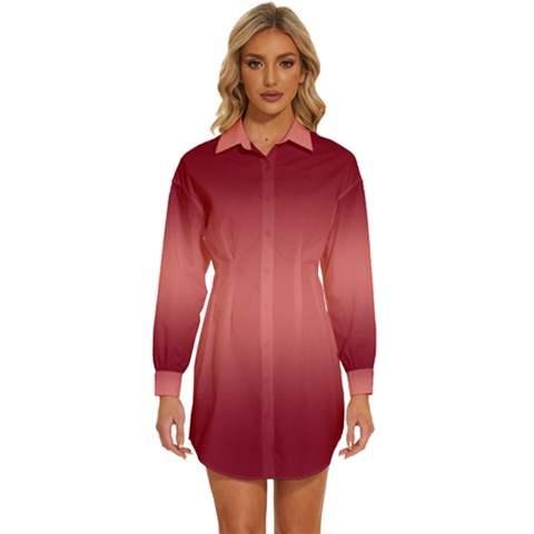 Burgundy Red To Coral Pink Bilinear Gradient Womens Long Sleeve Shirt Dress by GradientsOmbre