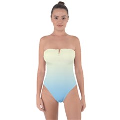 Cream Yellow To Baby Blue Linear Gradient Tie Back One Piece Swimsuit by GradientsOmbre