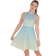 Baby Blue To Cream Yellow Linear Gradient Sleeveless Halter Neck A-line Dress by GradientsOmbre