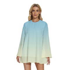 Baby Blue To Cream Yellow Linear Gradient Round Neck Long Sleeve Bohemian Style Chiffon Mini Dress by GradientsOmbre