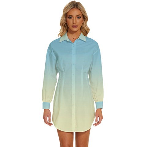 Baby Blue To Cream Yellow Linear Gradient Womens Long Sleeve Shirt Dress by GradientsOmbre