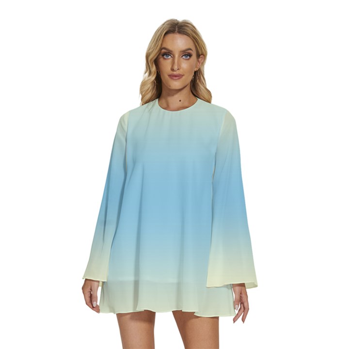 Cream Yellow To Baby Blue Bilinear Gradient Round Neck Long Sleeve Bohemian Style Chiffon Mini Dress