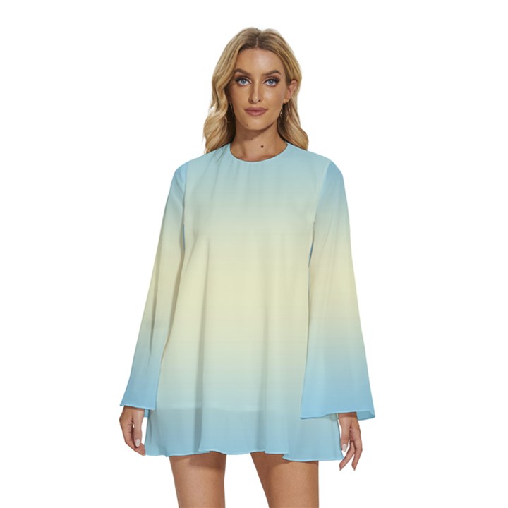 Baby Blue To Cream Yellow Bilinear Gradient Round Neck Long Sleeve Bohemian Style Chiffon Mini Dress