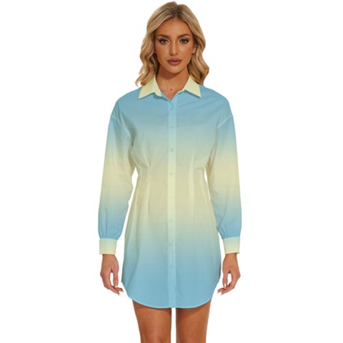 Baby Blue To Cream Yellow Bilinear Gradient Womens Long Sleeve Shirt Dress by GradientsOmbre