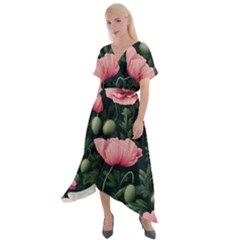 Poppy Flower Plant Petals Bloom Cross Front Sharkbite Hem Maxi Dress by Grandong