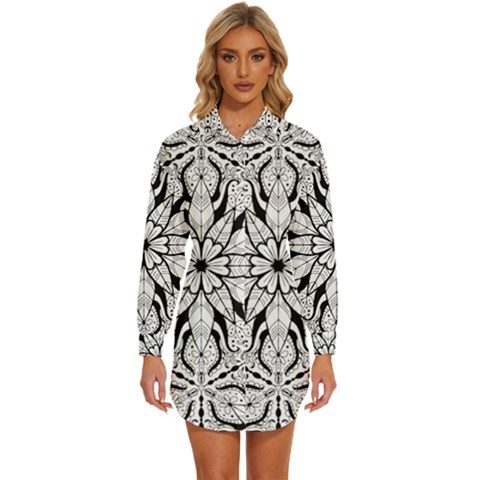 Seamless Tiling Pattern Hand Drawn Black White Womens Long Sleeve Shirt Dress by Grandong