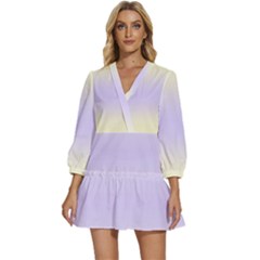 Cream Yellow To Pale Violet Bilinear Gradient V-neck Placket Mini Dress by GradientsOmbre