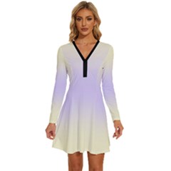 Cream Yellow To Pale Violet Bilinear Gradient Long Sleeve Deep V Mini Dress  by GradientsOmbre