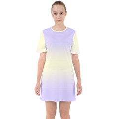 Pale Violet To Cream Yellow Bilinear Gradient Sixties Short Sleeve Mini Dress by GradientsOmbre