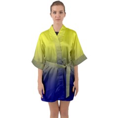 Electric Yellow To Navy Blue Linear Gradient Half Sleeve Satin Kimono  by GradientsOmbre