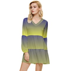 Navy Blue To Electric Yellow Linear Gradient Tiered Long Sleeve Mini Dress by GradientsOmbre