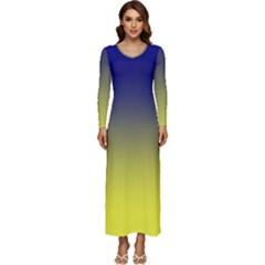 Navy Blue To Electric Yellow Linear Gradient Long Sleeve Longline Maxi Dress by GradientsOmbre